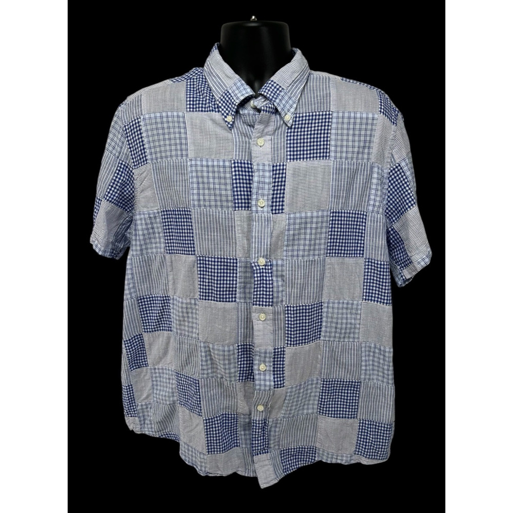 Brooks Brothers Patchwork Plaid Shirt Mens L Blue Button Down Preppy India Made